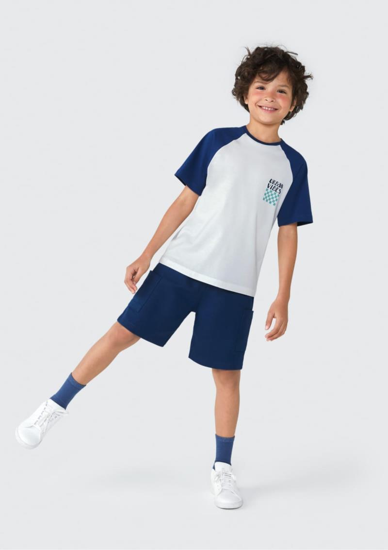 Conjunto MM. Meia Malha. 1D, 1B: Algodão. 1C: Camiseta: Algodão + Poliéster. Bermuda: Algodão. 006 - 014.